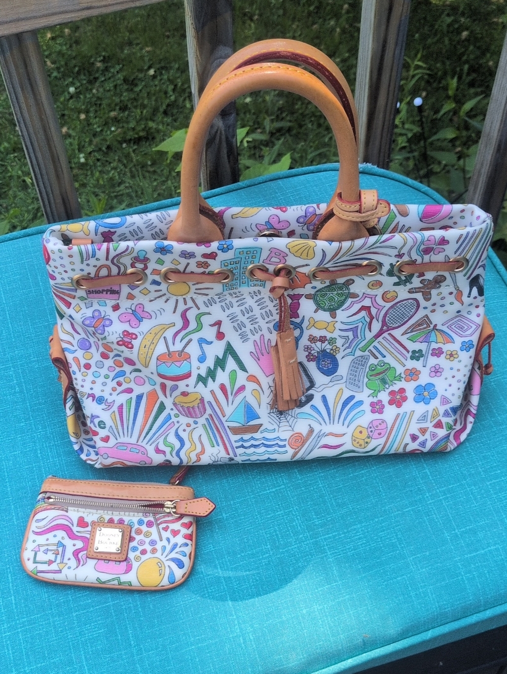 Dooney & Bourke White Multi Doodle Tote with Tan Trim